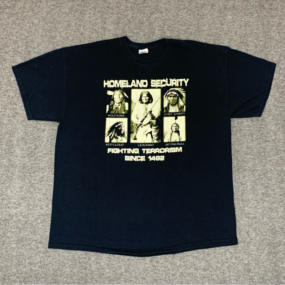 Vintage Y2K Homeland‎ Security Native Americans USA Black Tee Size XL